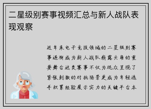 二星级别赛事视频汇总与新人战队表现观察